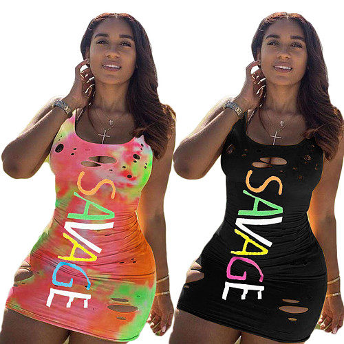 Sexy Letter Printed Round Neck Ripped Tank Top Dress DAI-8251