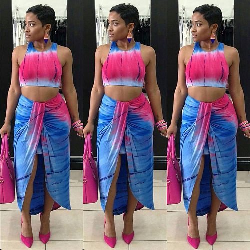 Fashion Revealing Navel Vest Wrinkling Slit Skirt Two-piece Set MDF-5141