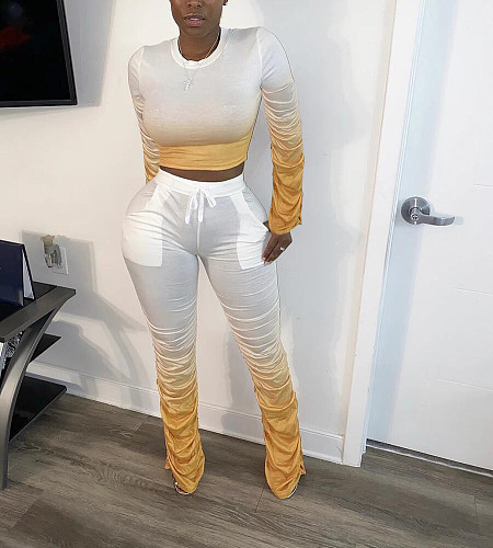 Fashion Pleated Long Sleeve T-shirt Trousers Two-piece Set HMS-5336