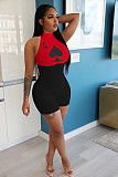 Poker Q Print Two-color Mosaic Sleeveless Middle Waist Tights Romper NIK-142