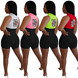 Poker Q Print Two-color Mosaic Sleeveless Middle Waist Tights Romper NIK-142