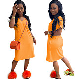 V-neck Leisure Short Sleeve Loose Summer Midi Dress RS-6233