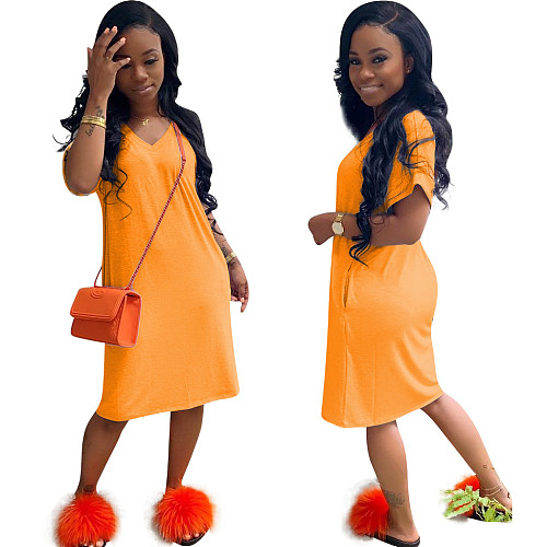 V-neck Leisure Short Sleeve Loose Summer Midi Dress RS-6233
