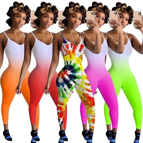 Gradient Printed Suspender Sexy Slim Jumpsuit RS-3169