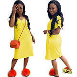 V-neck Leisure Short Sleeve Loose Summer Midi Dress RS-6233
