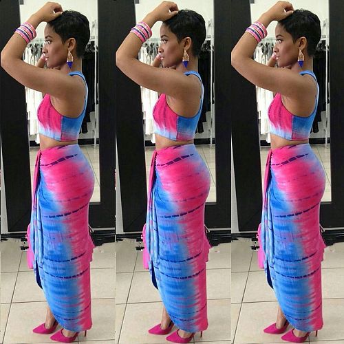 Fashion Revealing Navel Vest Wrinkling Slit Skirt Two-piece Set MDF-5141