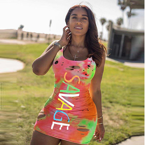 Sexy Letter Printed Round Neck Ripped Tank Top Dress DAI-8251