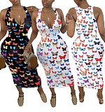 Hot Style Butterfly Print Sleeveless Middle Waist Dress WSM-5163