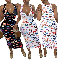 Hot Style Butterfly Print Sleeveless Middle Waist Dress WSM-5163