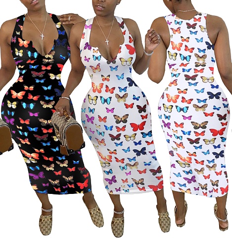Hot Style Butterfly Print Sleeveless Middle Waist Dress WSM-5163