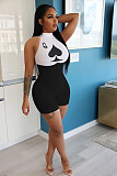 Poker Q Print Two-color Mosaic Sleeveless Middle Waist Tights Romper NIK-142