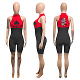 Poker Q Print Two-color Mosaic Sleeveless Middle Waist Tights Romper NIK-142