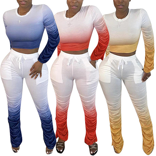 Fashion Pleated Long Sleeve T-shirt Trousers Two-piece Set HMS-5336