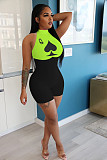Poker Q Print Two-color Mosaic Sleeveless Middle Waist Tights Romper NIK-142
