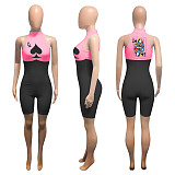 Poker Q Print Two-color Mosaic Sleeveless Middle Waist Tights Romper NIK-142