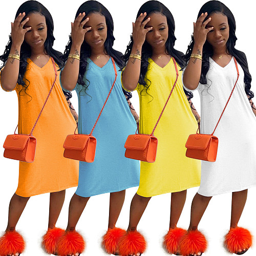V-neck Leisure Short Sleeve Loose Summer Midi Dress RS-6233