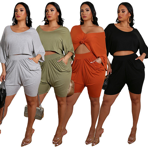 Stylish Solid-color Pleated Loose Five-minute Sleeve Casual Shorts Two-piece Set WY-6688