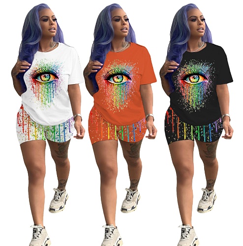 Fashion Colorful Eye Print Short Sleeve Shorts Two-piece Set ML-7339