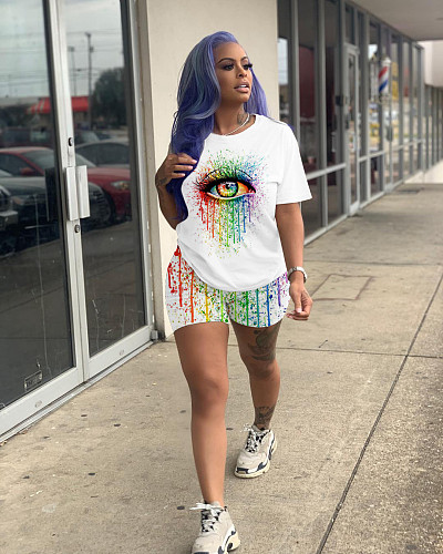 Fashion Colorful Eye Print Short Sleeve Shorts Two-piece Set ML-7339