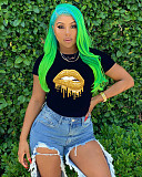 Fashionable Lip Print Round Neck Short Sleeve T-shirt XY-9023