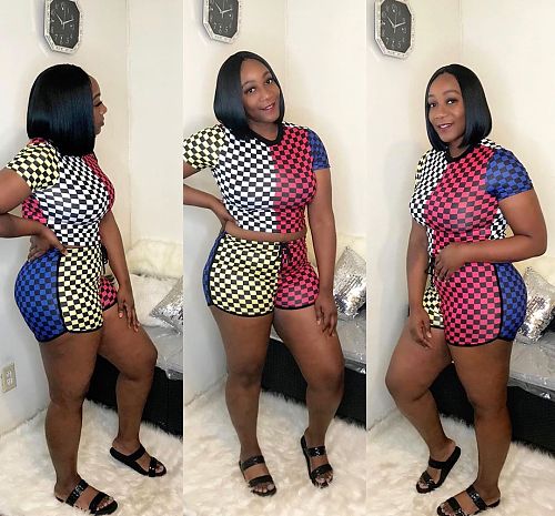 Check Print Contrast Color Round Neck Short Sleeve Shorts Two-piece Set XY-9029