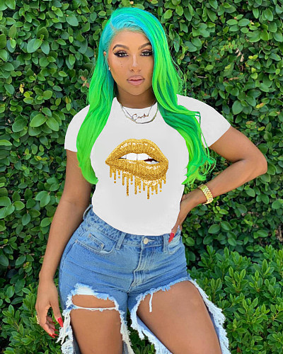 Fashionable Lip Print Round Neck Short Sleeve T-shirt XY-9023