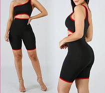 Sexy One-shoulder Hollowed-out Belly Button Contrast Color Romper XY-9024