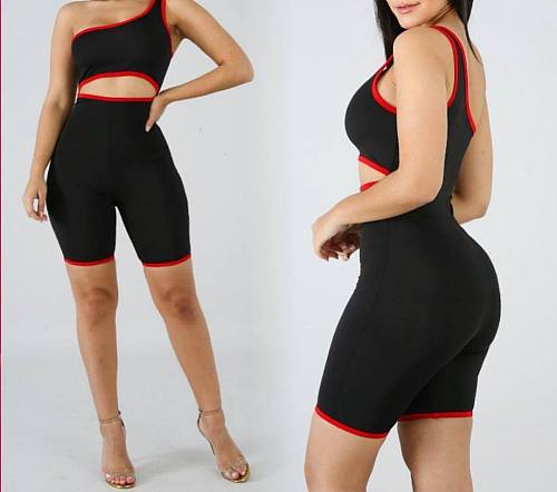 Sexy One-shoulder Hollowed-out Belly Button Contrast Color Romper XY-9024