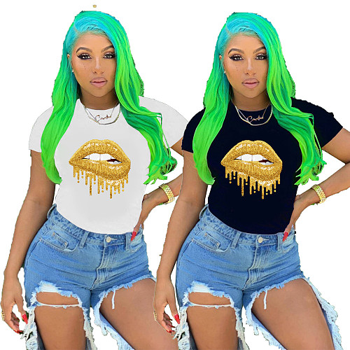 Fashionable Lip Print Round Neck Short Sleeve T-shirt XY-9023