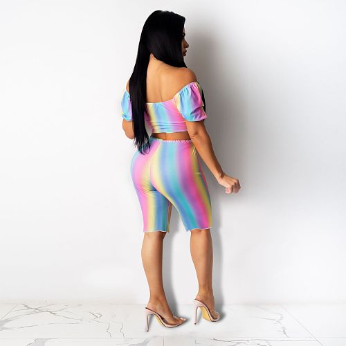 Sexy Gradient Short Sleeve Off-the-shoulder Rainbow Color Two-piece Set DD-8018