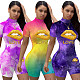 Tie-Dyed Lip Print High Collar Short Sleeve Button-Lifting Romper OY-6199