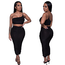 Fashion One-shoulder Sling Wrap Breast Pleated Skirt Two-piece Set XY-9019