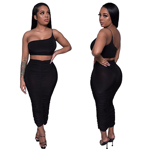 Fashion One-shoulder Sling Wrap Breast Pleated Skirt Two-piece Set XY-9019