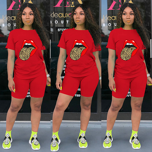 Fashion Tongue Print Short Sleeve T-shirt and Shorts Two-piece Set MA-345