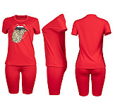 Fashion Tongue Print Short Sleeve T-shirt and Shorts Two-piece Set MA-345