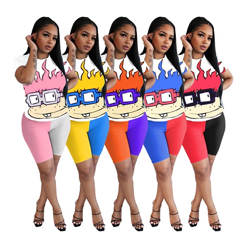 Cartoon Print T-shirt Two-color Patchwork Shorts Two-piece Set DD-8019