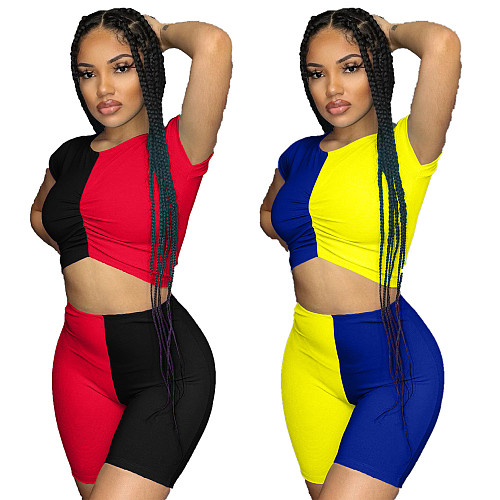 Crimp Stitching Contrast Color Short Sleeve T-shirt and Shorts Two-piece Set XY-9018