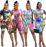 Tie-dye Printed Short-sleeved T-shirt Tight Buttock Shorts Two-piece Set OSS-20791