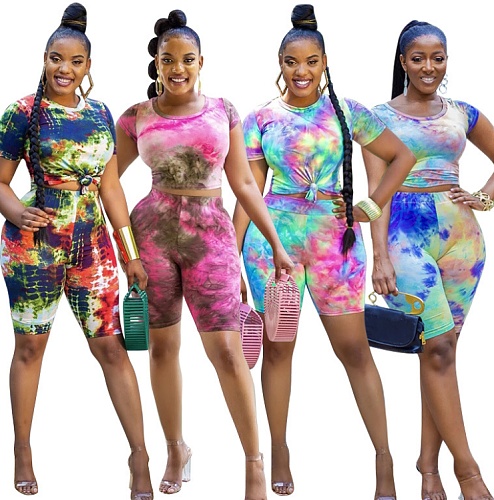 Tie-dye Printed Short-sleeved T-shirt Tight Buttock Shorts Two-piece Set OSS-20791