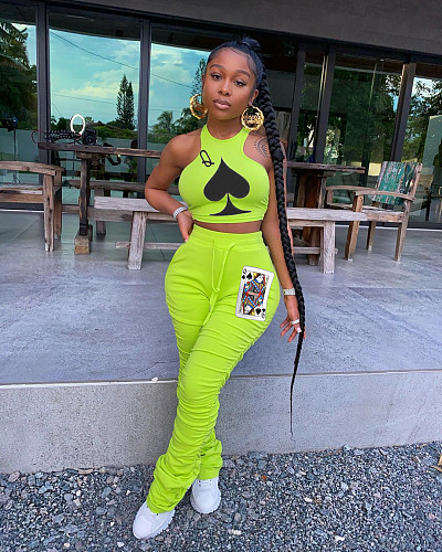 New Positioning Poker Printed Vest Pleated Trousers Two-piece Set SHA-6152