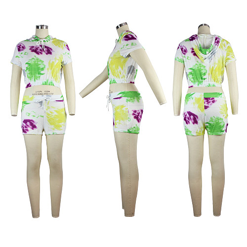 Stylish Printed Hooded T-shirt+Mid-waist Carry Buttock Shorts Two-piece set JLY-19087