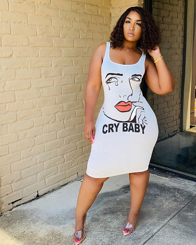 Fashion Sleeveless U Neck Cartoon Offset Slit-up Midi Dress MK-3006