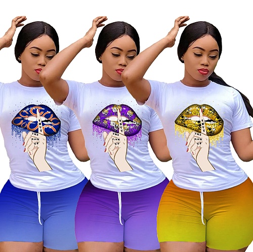 Hot Sales Lip Print Short-sleeved T-shirt Gradient Shorts Two-piece Set ML-7345