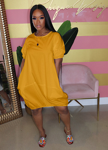 Lovely Solid Color Short Sleeved Round Neck Lantern Dress AIL-107