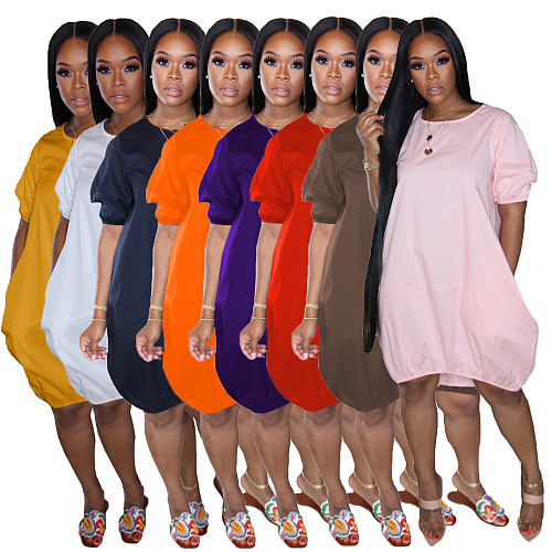 Lovely Solid Color Short Sleeved Round Neck Lantern Dress AIL-107
