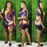 Fashion Tie-dye Plus Size Short Sleeve T-shirt and Shorts Two-piece Set XMY-9248