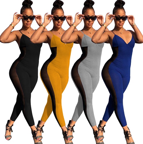 Hot Sales Mesh Splice Pit Breathable Slim Sleeveless Sport Jumpsuit MEM-8288