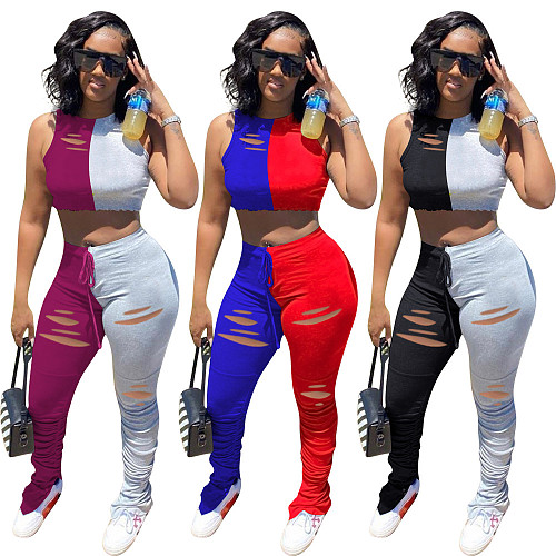 Fashionable Patchwork Burning Vest Pleated Split Micro Flared Trousers Two-piece Set OY-6200