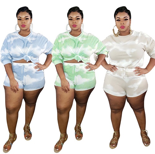 Plus-Size Tie-Dye Printed Long Sleeve Blouse And Shorts Two-piece Set OSS-20782