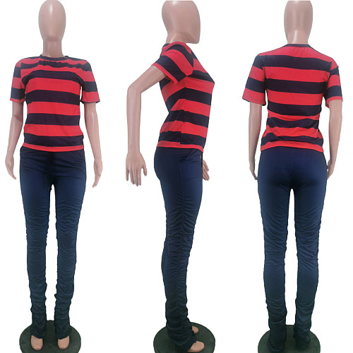 Matching Color T-shirt Buttock Lift Slim Pleated Flared Trousers Two-piece Set TK-6101